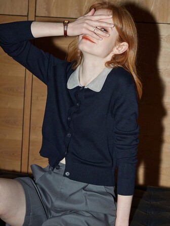 Women Contrast Color Turndown Collar Knitted Long Sleeve Sweater