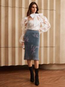 Anewsta 重珠绣花针织 A 字裙 - 灰色 - 查看 4