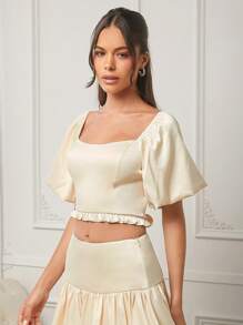 L'Amorae Bow Detail Puff Sleeve Ruffle Hem Square Neck Top