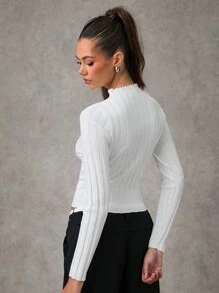 SHEIN BAE Women's Solid Crew Neck Long Sleeve Casual Sweater Fall Women Sweaters Fall Women Clothes Fall Tops Long Sleeves Woman Winter Women Clothes Fall Women Tops White Turtleneck Winter Tops Winter Clothes Long Sleeve Women Tops Halloween Sweater - White - View 3
