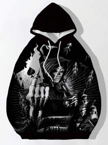 Manfinity Dauomo Men's Skull Print Hooded Long Sleeve Sweatshirt, For Fall