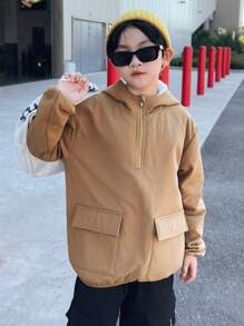 Chaqueta informal suelta tejida con bolsillo con parche y cremallera media para niños preadolescentes - Marrón - Ver 4