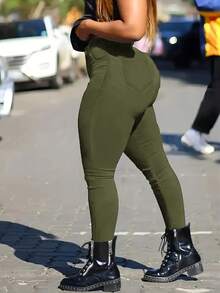 女式纯色前扣多口袋休闲裤，适合日常穿着和商务穿着 - 橄欖綠 - 查看 2