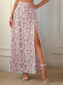 Breezaya Falda casual de vacaciones con abertura en el muslo y estampado floral para otoño - Rojo y blanco - Ver 3