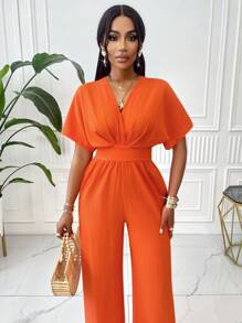 VaVaBold 純色蝙蝠袖腰帶連身褲 - 亮橙色 - 查看 6