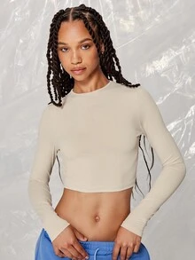 SUMWON WOMEN Street Slim Fit Long Sleeve Crop Top - Apricot - View 3