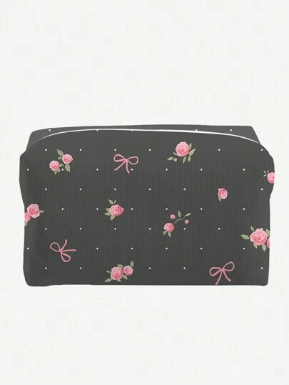ROMWE Kawaii 带蝴蝶结和花朵图案的天鹅绒化妆包