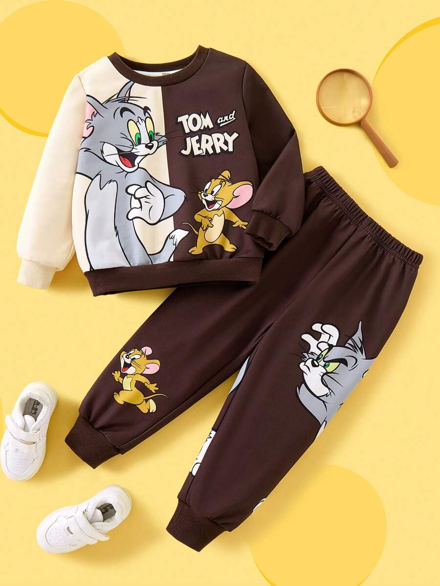 TOM & JERRY X SHEIN 2pcs/Set Young Boy Casual Cartoon Animal Print Brown Colorblock Sweatshirt And Sweatpants Set, Spring & Autumn Tracksuits - Brown - View 1