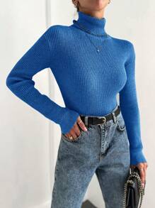 Cloudara Solid Color High Neck Sweater - Blue - View 4
