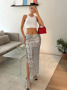 SHEIN EZwear 女士时尚银色亮片开衩裙，夏季 - 銀色 - 查看 5