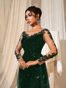 Faeriesty Faeriesty Elegant Sequin-Glitter Mermaid Tail Gown With Floral Embroidery & Flowing Tulle Train | Luxury Evening Dress For Black Tie Galas, Weddings