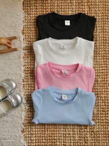 SHEIN Leap Crew 年轻女孩 4 件套圆领短款长袖基本款纯色针织 T 恤，非常适合秋冬季休闲日常穿着和学校日常穿着