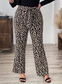 SHEIN LUNE Plus Size Fall Pants Leopard Print Flare Pants With Tie Bow Waistband Airport Women Outfits