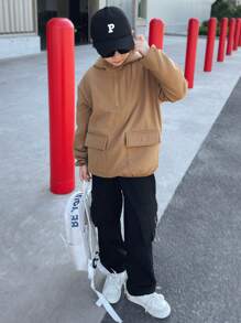 Chaqueta informal suelta tejida con bolsillo con parche y cremallera media para niños preadolescentes - Marrón - Ver 1