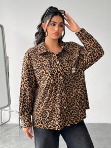 SHEIN EZwear Plus Size Women Leopard Print Letter Drop Shoulder Casual Jacket, Spring Autumn Winter Fall - Multicolor - View 4