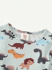 Cozy Pixies 2 piezas Pijama de niño pequeño con parte superior de manga larga y cuello redondo con estampado de dinosaurio de dibujos animados y pantalón largo - Verde - Ver 8