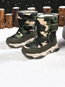 1 Pair Boys' Winter Comfortable Fashion Casual High-Top Leather Warm Snow Boots - Army Green - View 1