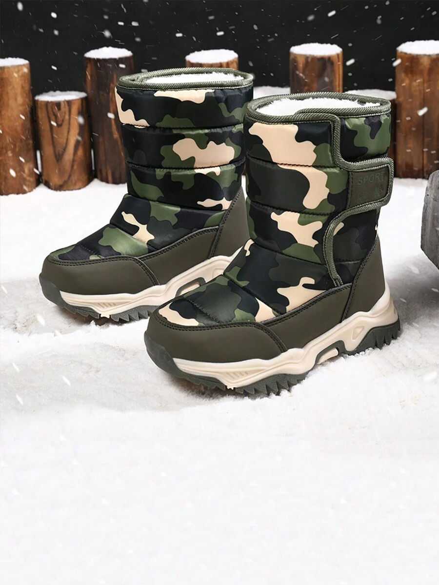 1 Pair Boys' Winter Comfortable Fashion Casual High-Top Leather Warm Snow Boots - Army Green - View 1