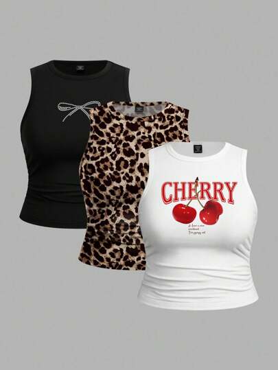 SHEIN EZwear 3pcs/Set Plus Size Leopard Print Sleeveless Slim Fit Tank Top, Casual Solid Color, Summer Back To School