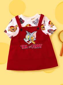 TOM & JERRY X SHEIN 2pcs/Set Baby Girl Dot Print Cartoon T-Shirt And Red Suspender Pinafore Dress Outfit