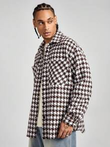 Manfinity VCAY 男士格子印花口袋休闲长袖外套，适合秋冬 - 棕色 - 查看 5