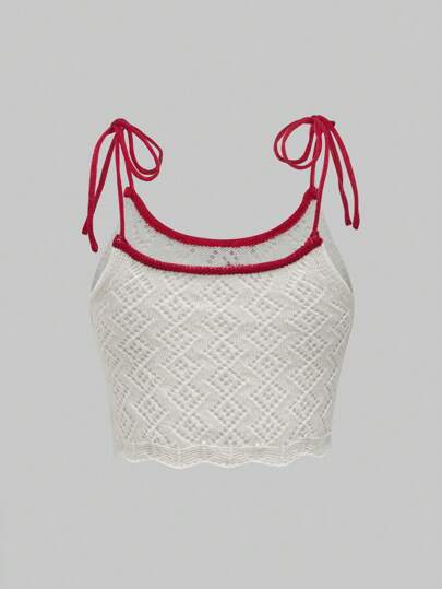 Kawaii Summer Casual Cherry & Letter Print Hollow Out Knit Camisole