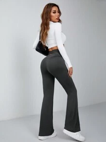 SHEIN PETITE 休閒實色寬腰中空修身喇叭褲 - 灰色 - 查看 5