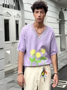 Manfinity Hypemode Suéter de punto de manga corta casual con cuello en V y estampado floral para hombres - Morado - Ver 9