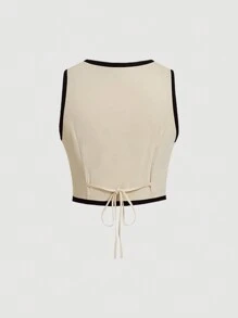 SHEIN MOD Plus Size Khaki Simple Versatile Contrast Black Trim Blazer Vest And Wide Leg Pants 2pcs Set