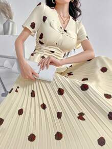 Modelyn 2pcs Women Summer Elegant Random Print Short Sleeve Top & Pleated Skirt Set