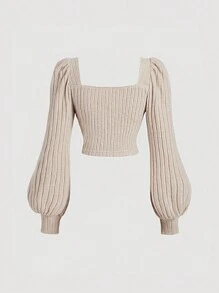 SHEIN MOD Camisa casual de mujer con cuello cuadrado y mangas abullonadas, color albaricoque, ropa de otoño/invierno, tops de mujer de manga larga para el invierno
