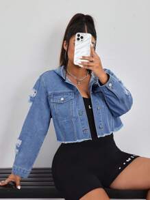 SHEIN ICON Plus Size Women's Solid Color Casual Hooded Long Sleeve Denim Jacket - Blue - View 5