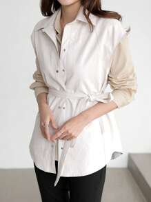 DAZY Women's Solid Color Simple Daily Long Sleeve Cinched Waist Blouse,Fall Clothes - Apricot - View 5