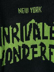 2 件套 Tween 男童秋冬针织毛衣套装。拼色圆领宽松设计，时尚图形文字印花，展现街头时尚美感。复杂的针织技术带来独特的质感和层次感。高品质柔软保暖面料，适合秋冬穿着。非常适合休闲、旅行、学校、万圣节、圣诞派对、返校 - 黑色 - 查看 4