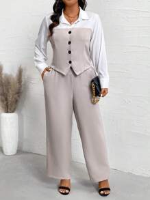 Calvaya 2pcs/Set Plus Size Women Daily Wear Color Block Long Sleeve Top And Solid Color Pants - Apricot - View 4