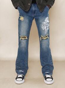 SUMWON Flare Fit Ripped Denim Jean With Splatter Paint * Angel Graphic Print - Blue - View 2