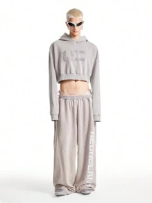 Manfinity VCAY Sudadera con capucha suelta y estampada de tinta lavada con textura de punto para hombre, adecuada para otoño e invierno - Gris Oscuro - Ver 6