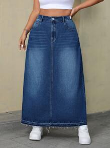 SHEIN ICON Plus Size Women's Loose Straight Pocket Denim Long Skirt