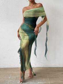 SHEIN PETITE Váy lưới voan mềm mại co giãn in họa tiết quanh năm cho bãi biển dự tiệc và ngày lễ - màu xanh lá - Xem 5