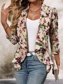 SHEIN Clasi Women Elegant Floral Print Ruffle Hem Cinched Waist Open Front Blazer Jacket In Fall/Winter