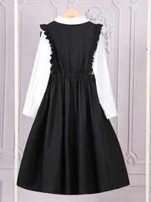 2 件套 女童前扣长袖衬衫和 V 领荷叶边下摆无袖裹身裙