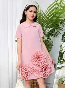 SHEIN Leap Crew Tween Girls Relaxed Fit 3D Floral Decor Peter Pan Collar Short Sleeve Solid Pink A-Line Dress - Pink - View 4