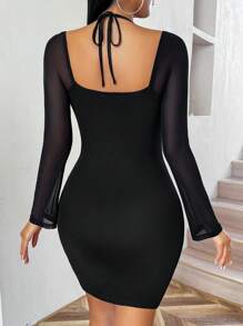 Chiquease Lace Patchwork Long Sleeve Tie-Neck Bodycon Mini Dress - Black - View 2