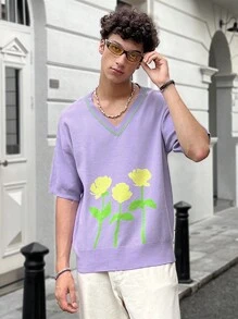 Manfinity Hypemode Suéter de punto de manga corta casual con cuello en V y estampado floral para hombres - Morado - Ver 8