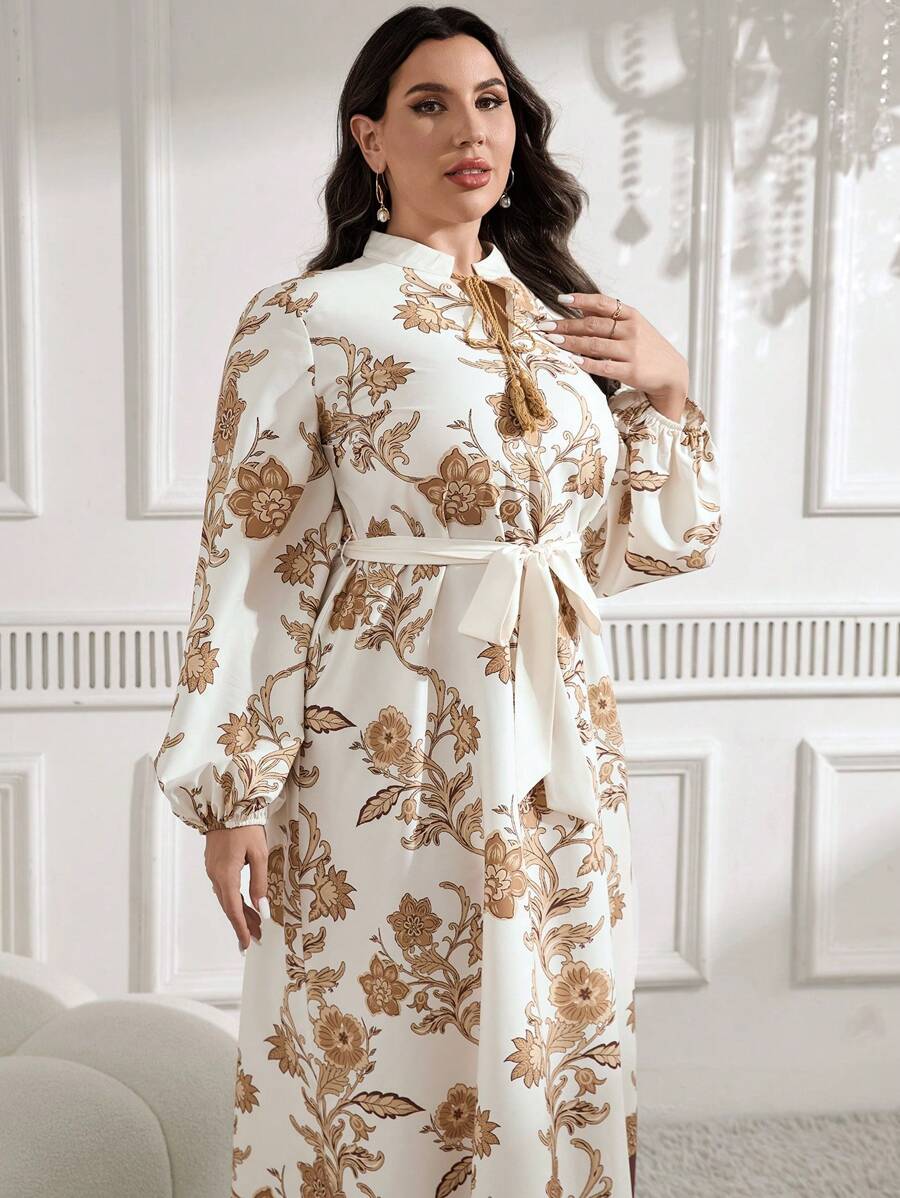 Mulvari Váy chắp vá in họa tiết tay dài buộc phía trước cỡ lớn, đi nghỉ thường ngày - Cà phê nâu - Xem 1