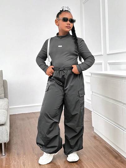 SHEIN Tween Girls Extended Size Casual Knit Stand Collar Long Sleeve Top And Elastic Waist Cargo Pants Set