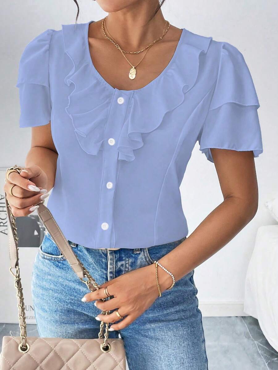 Chiquease Women's Casual Solid Color Ruffled Round Neck Short Puff Sleeve Elegant Blouse, Summer - Blue - View 1