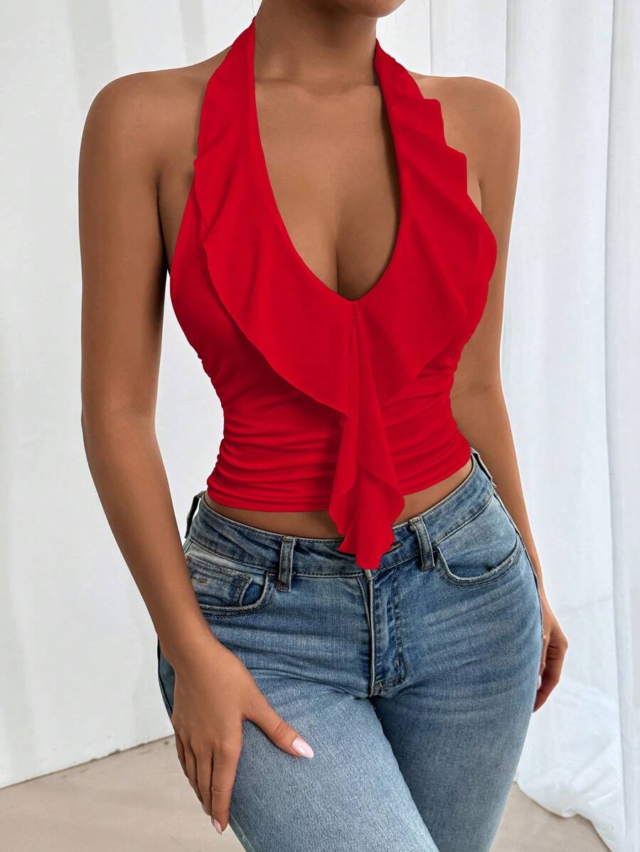 Zolique Women Deep V Neck Tie Strap Solid Color Camisole For New Year Clothes Halloween - Red - View 1