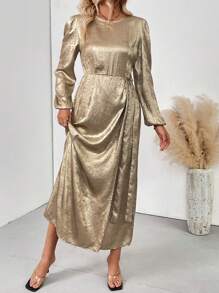 Chiquease Robe pour femmes à manches longues, col rond doré avec laçage