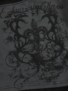 ROMWE Grunge Punk Grunge Vine Print Contrast Color Drop Shoulder Women T-Shirt - Dark Grey - View 3